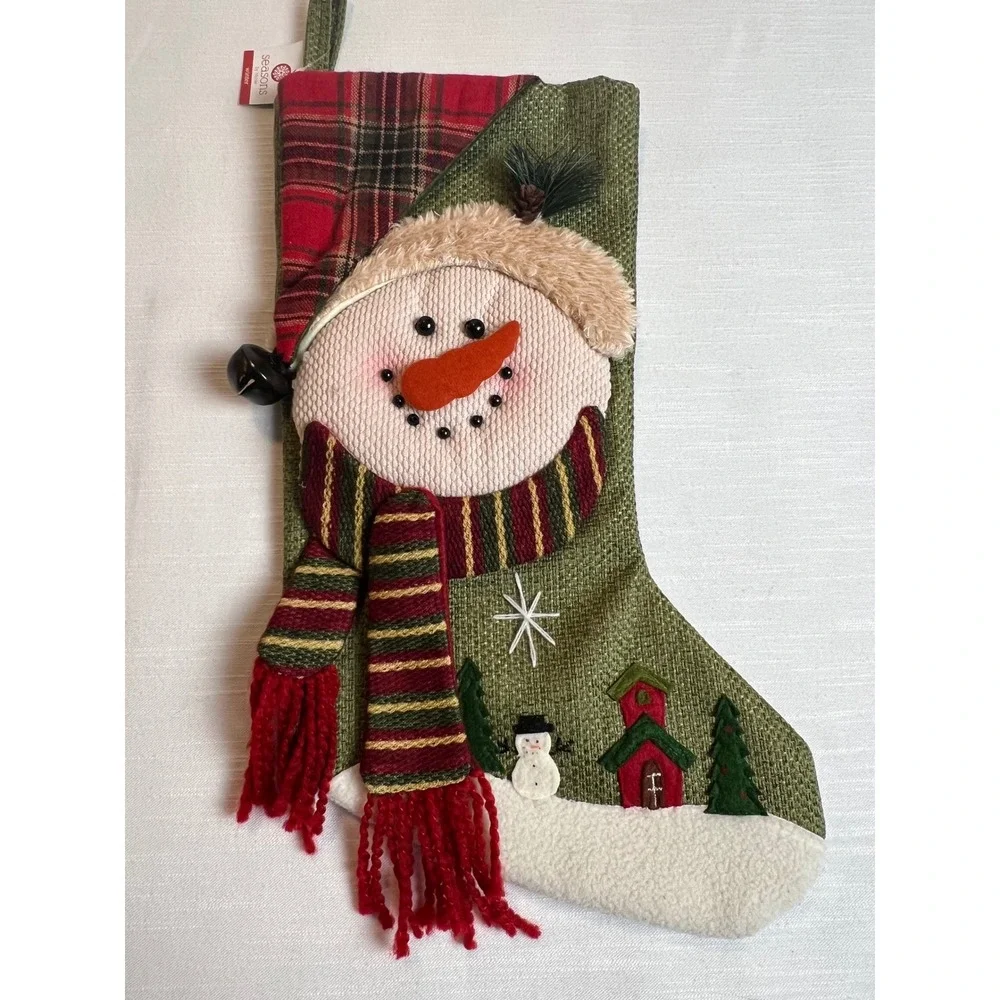 Discontinued Joann Fabrics Seasons by Nicole Snowman Christmas Stocking  Plaid